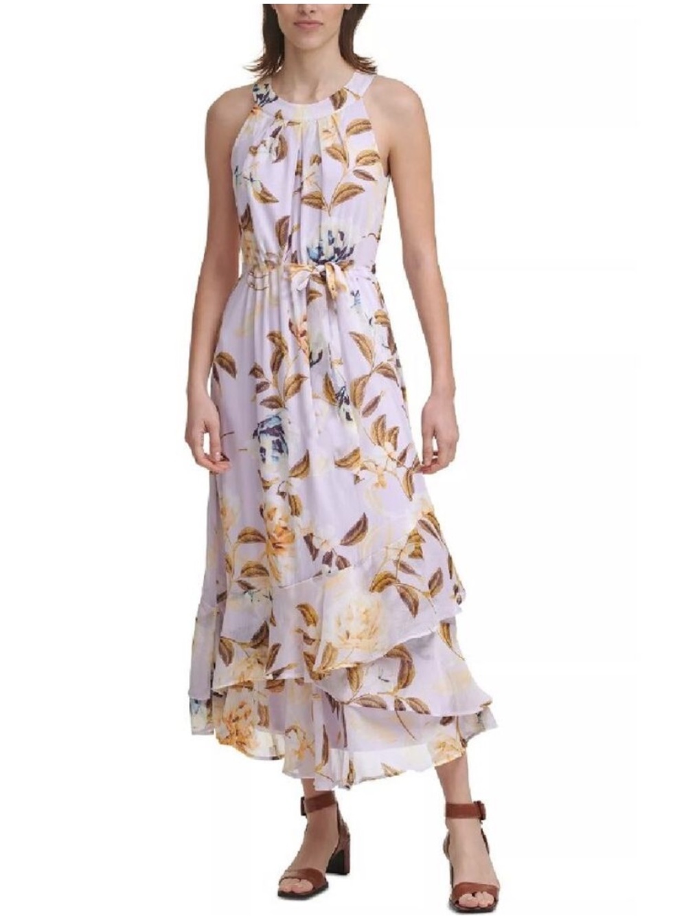 calvin klein floral halter dress Lavender Tiered Maxi Yellow Floral Size 14‎ Purple